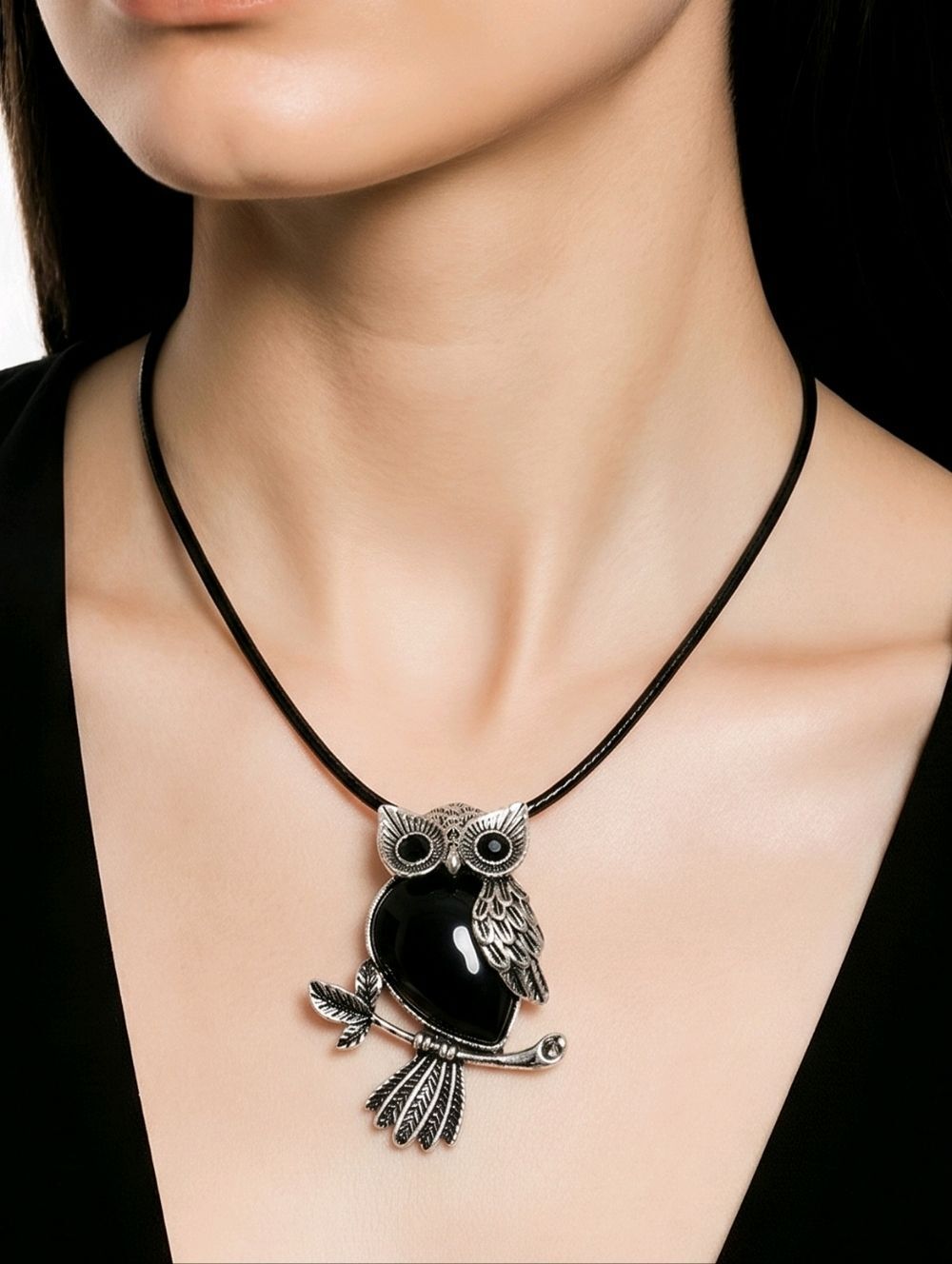 Black Onyx Owl Pendant Necklace Silver Wisdom Symbol Gothic Glam Boho Jewelry